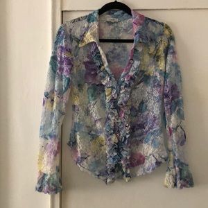 Sheer stretch lace floral blouse with ruffles